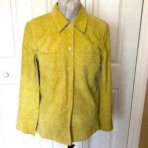 Genuine Leather Suede Collared Shirt Yellow Green
